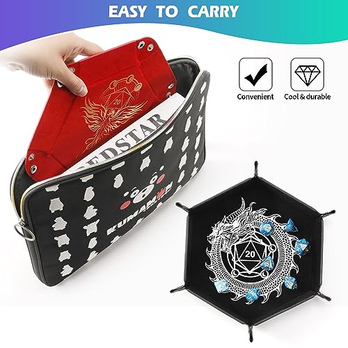 Grajar 2 Pcs Portable Folding Dice Rolling Tray Set for RPG DND Table Games - PU Leather and Velvet Holder Storage Box - Dragon and Phoenix - Image 5