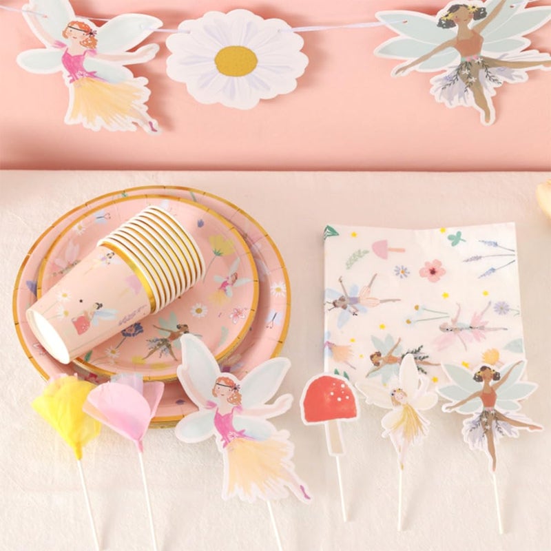 IPEWOEF 57Pcs Fairy Disposable Tableware Set Flower Fairies Mushroom Party Plates Cups Napkins Sets Fairy Cake Topper Banner Fairy Party Decorations Supplies Girls Birthday Party Decor(10 Guests) - Image 3