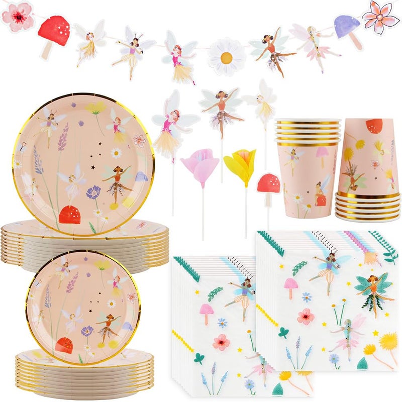 IPEWOEF 57Pcs Fairy Disposable Tableware Set Flower Fairies Mushroom Party Plates Cups Napkins Sets Fairy Cake Topper Banner Fairy Party Decorations Supplies Girls Birthday Party Decor(10 Guests) - Image 1