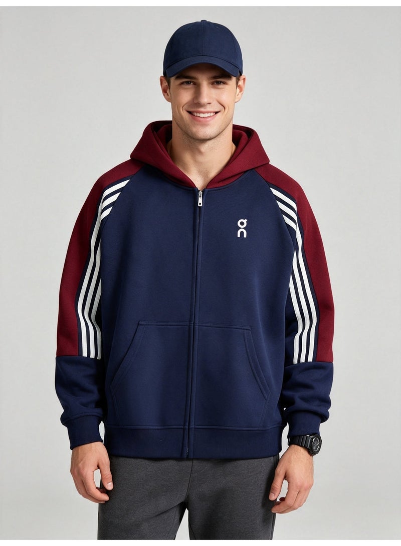 On Running Men and women with matching color hooded striped raglan sleeve zipper coat - Image 1