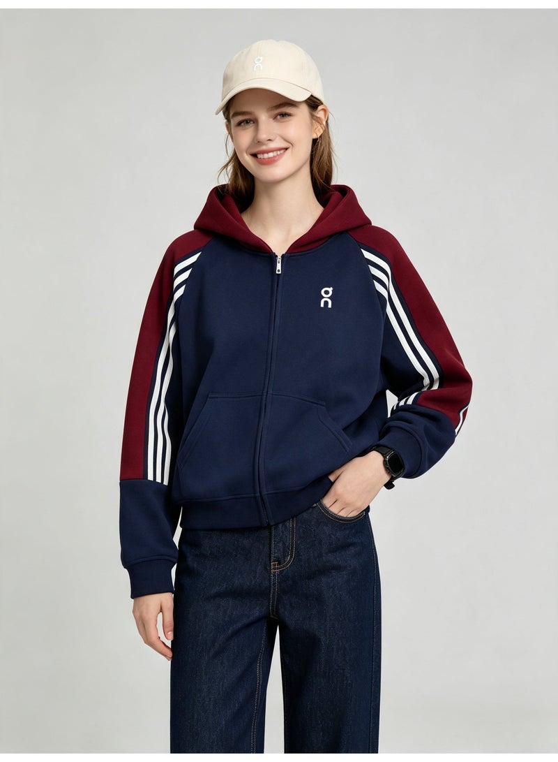On Running Men and women with matching color hooded striped raglan sleeve zipper coat - Image 3