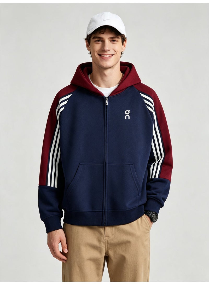 On Running Men and women with matching color hooded striped raglan sleeve zipper coat - Image 2
