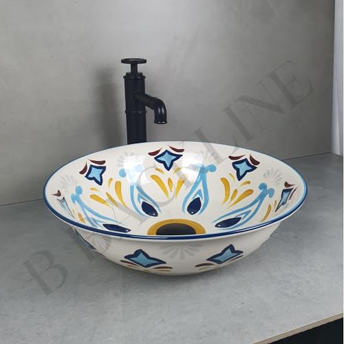 B Backline Moroccan Design Wash Basin Countertop | Tabletop Ceramic Bathroom Sink | Modern Wash Basin Over Counter | Wash Basin For Bathroom 42 X 42 X 13 CM (Multicolour (Moroccan Design) 2) - Image 1
