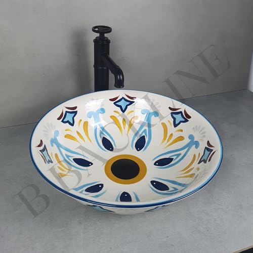 B Backline Moroccan Design Wash Basin Countertop | Tabletop Ceramic Bathroom Sink | Modern Wash Basin Over Counter | Wash Basin For Bathroom 42 X 42 X 13 CM (Multicolour (Moroccan Design) 2) - Image 4