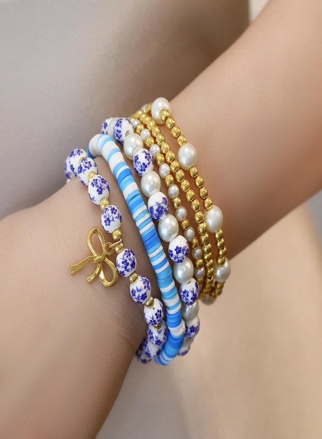 GLMOCM Gold Bow Bracelet for Women Beaded Bow Charm Bracelets Pearl Bow Stretch Bracelets Gold Bead Stackable Bracelet Fashion Jewelry for Women (6 Pieces Blue) - Image 2
