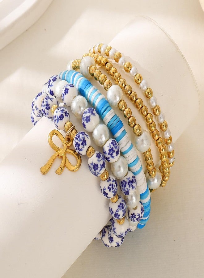 GLMOCM Gold Bow Bracelet for Women Beaded Bow Charm Bracelets Pearl Bow Stretch Bracelets Gold Bead Stackable Bracelet Fashion Jewelry for Women (6 Pieces Blue) - Image 5
