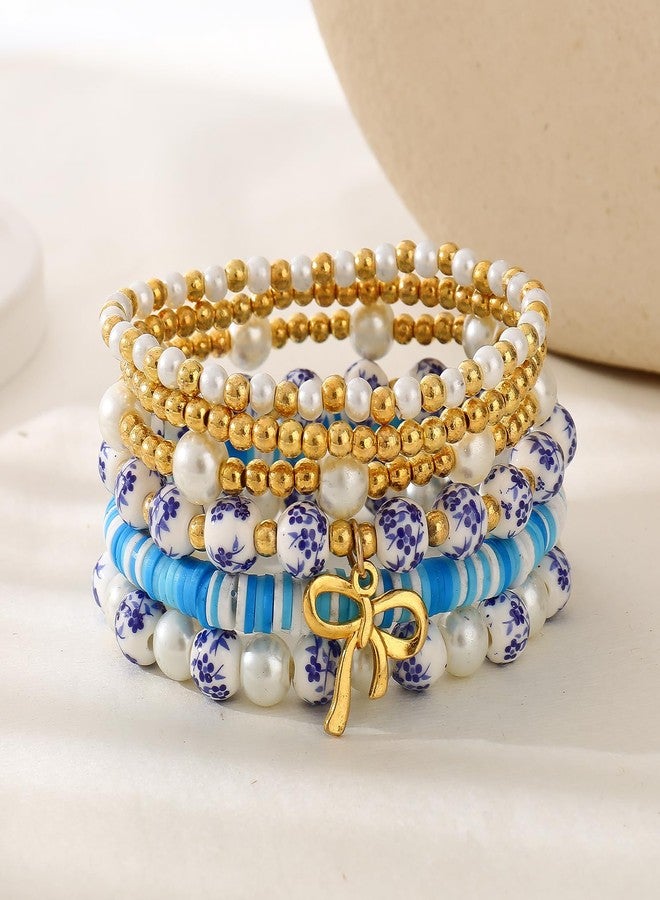 GLMOCM Gold Bow Bracelet for Women Beaded Bow Charm Bracelets Pearl Bow Stretch Bracelets Gold Bead Stackable Bracelet Fashion Jewelry for Women (6 Pieces Blue) - Image 4