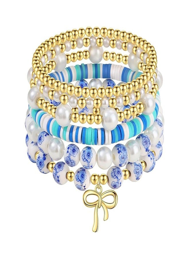 GLMOCM Gold Bow Bracelet for Women Beaded Bow Charm Bracelets Pearl Bow Stretch Bracelets Gold Bead Stackable Bracelet Fashion Jewelry for Women (6 Pieces Blue) - Image 1