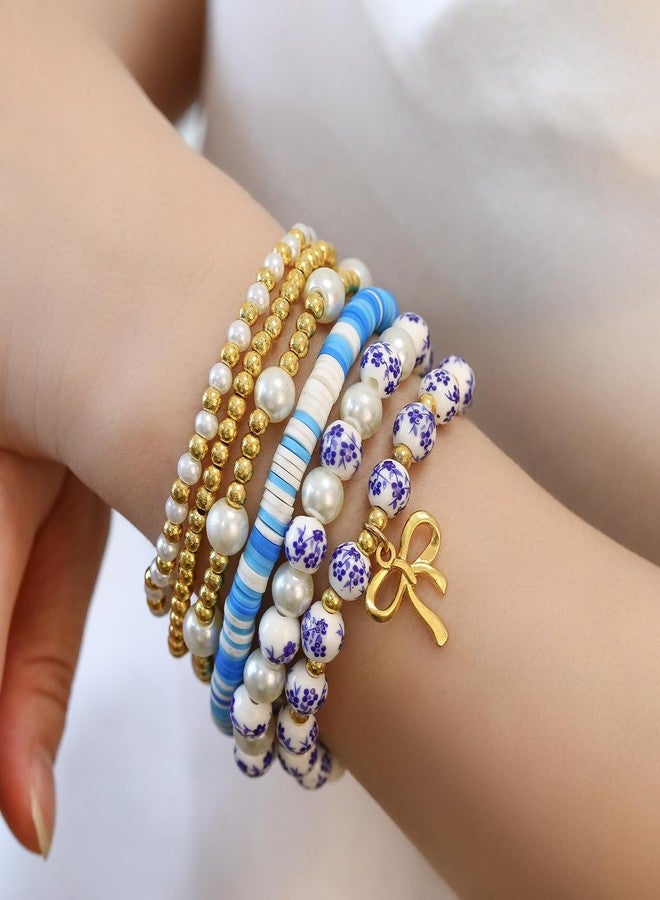 GLMOCM Gold Bow Bracelet for Women Beaded Bow Charm Bracelets Pearl Bow Stretch Bracelets Gold Bead Stackable Bracelet Fashion Jewelry for Women (6 Pieces Blue) - Image 3
