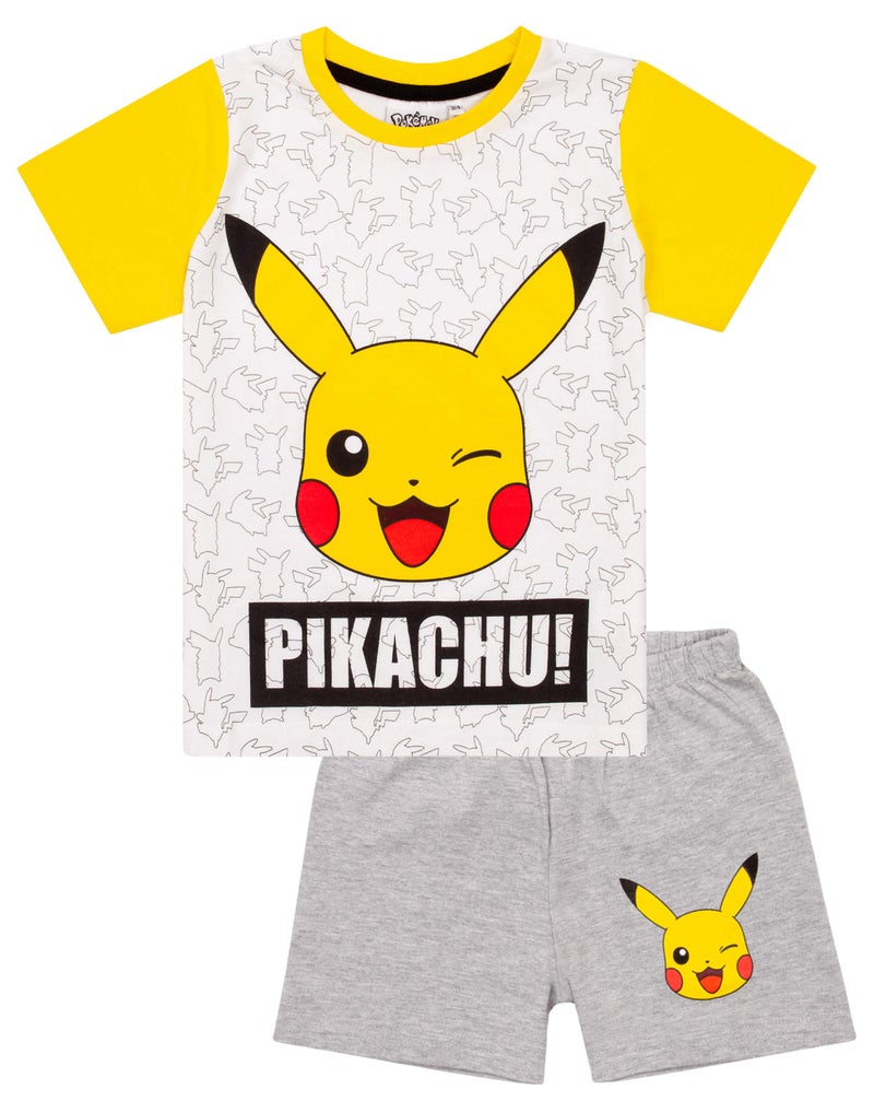 Pokemon Pikachu Face Grey Yellow Boy's Kids Short Pajamas Nightwear Set 5-6 Years - Image 1