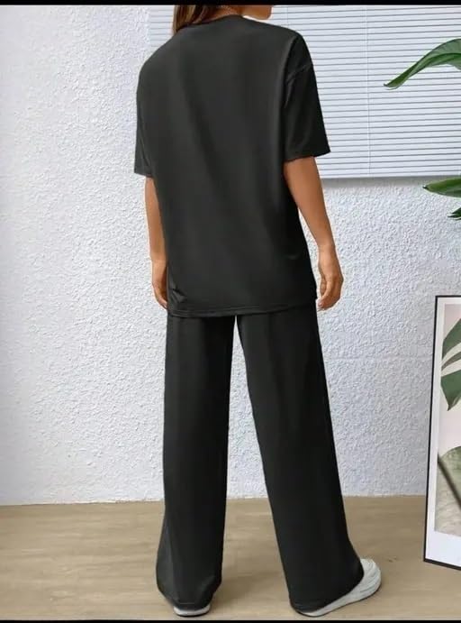 My Swag Women Casual T-Shirt & Trouser Co-Ords Set Half Sleeve Loose Fit Summer Cord Set 2 Piece Black Outfit for Women & Girls - Image 3