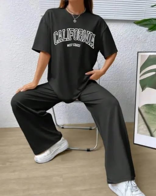 My Swag Women Casual T-Shirt & Trouser Co-Ords Set Half Sleeve Loose Fit Summer Cord Set 2 Piece Black Outfit for Women & Girls - Image 2