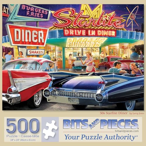Bits and Pieces 500 Piece Jigsaw Puzzle for Adults 50s Starlite Diner Classic Cars Drive in Jigsaw Puzzle by Larry Jones Completed Puzzle Size 18 x 24 - Image 5