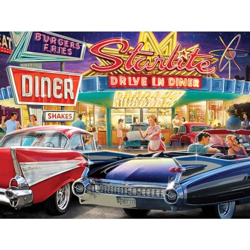 Bits and Pieces 500 Piece Jigsaw Puzzle for Adults 50s Starlite Diner Classic Cars Drive in Jigsaw Puzzle by Larry Jones Completed Puzzle Size 18 x 24 - Image 1