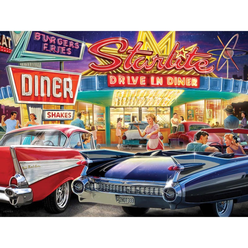 Bits and Pieces 500 Piece Jigsaw Puzzle for Adults 50s Starlite Diner Classic Cars Drive in Jigsaw Puzzle by Larry Jones Completed Puzzle Size 18 x 24 - Image 3