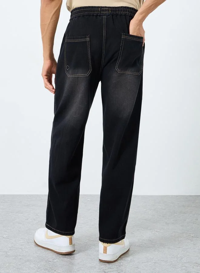 Styli Styli Mid Rise Loose Fit Jeans with Drawcord