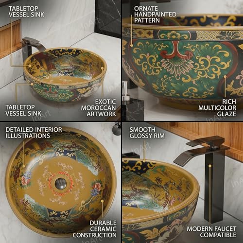 InArt Ceramic Moroccan Wash Basin | Countertop Basin for Bathroom | Tabletop Wash Basin | Designer Art Basin for Bathroom/Home/Office/Hotels | 42 x 42 x 14 cm Multi Color Pattern - Image 3