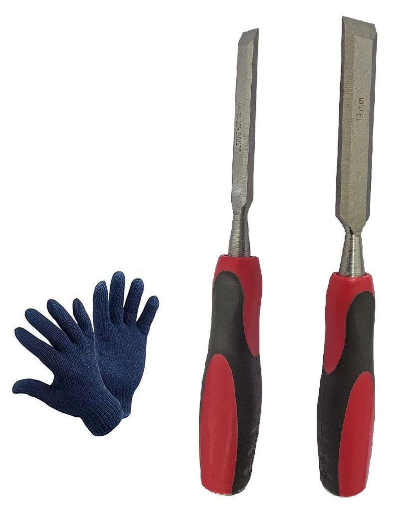 Inditrust Inditrust 2PCs High Carbon Steel Wood Carving Chisel Set Manganese Blades Chisel Kit for Woodworking Carving Size 12mm 19mm with Gloves 