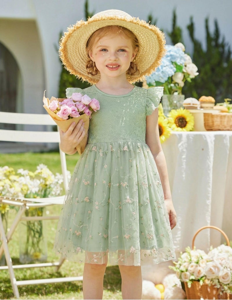 Arshiner Toddler Girl Green Floral Dress Summer Easter Flower Birthday Princess Party Tutu Tulle Lace Flutter Sleeve Girls Dresses 4t - Image 4