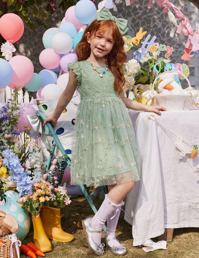 Arshiner Toddler Girl Green Floral Dress Summer Easter Flower Birthday Princess Party Tutu Tulle Lace Flutter Sleeve Girls Dresses 4t - Image 2