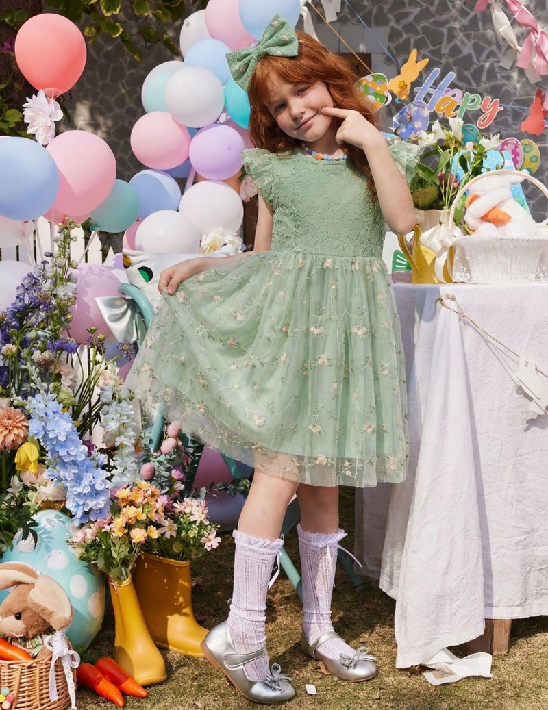 Arshiner Toddler Girl Green Floral Dress Summer Easter Flower Birthday Princess Party Tutu Tulle Lace Flutter Sleeve Girls Dresses 4t - Image 3
