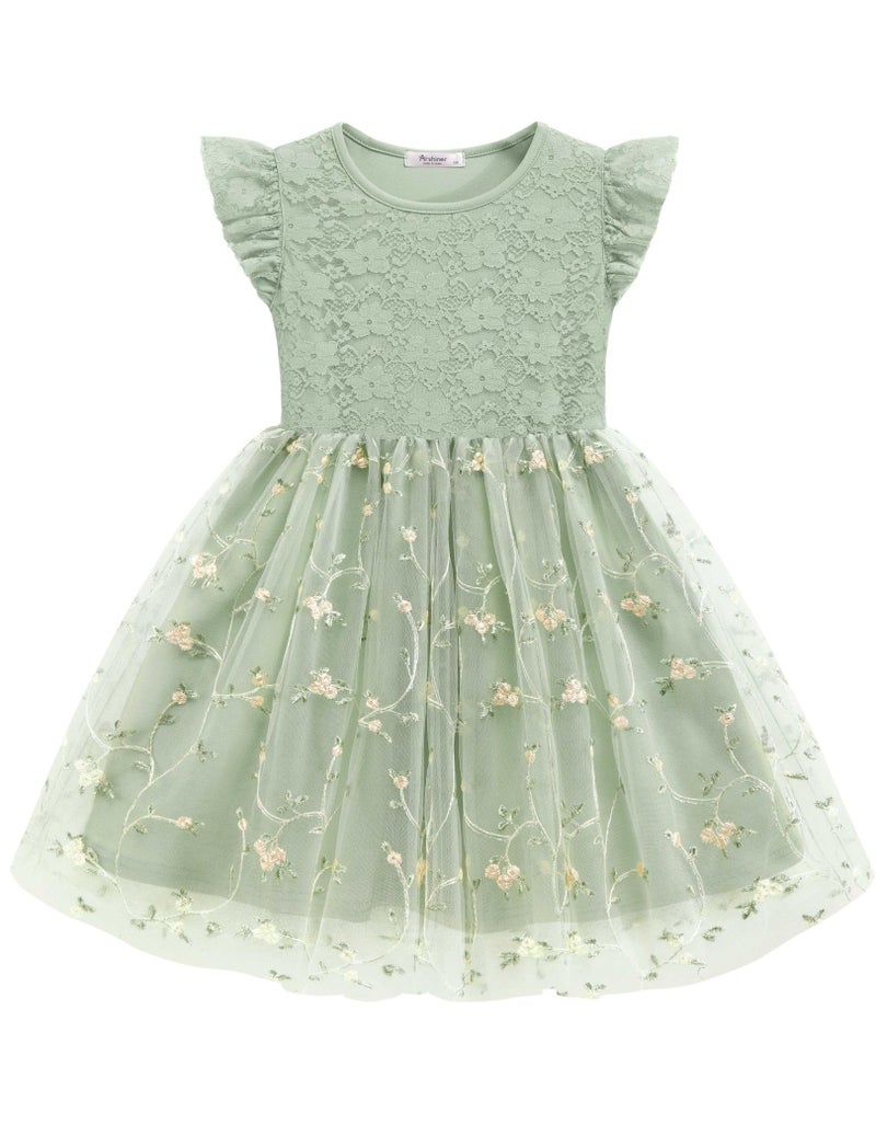 Arshiner Toddler Girl Green Floral Dress Summer Easter Flower Birthday Princess Party Tutu Tulle Lace Flutter Sleeve Girls Dresses 4t - Image 1