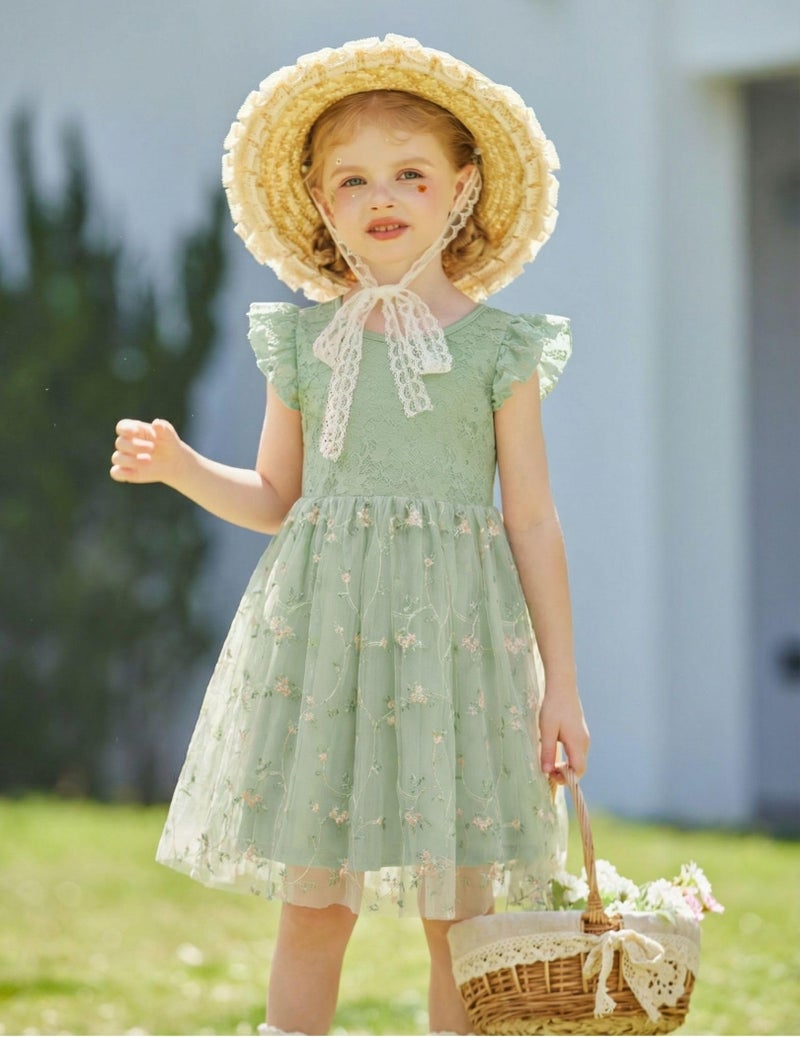 Arshiner Toddler Girl Green Floral Dress Summer Easter Flower Birthday Princess Party Tutu Tulle Lace Flutter Sleeve Girls Dresses 4t - Image 5