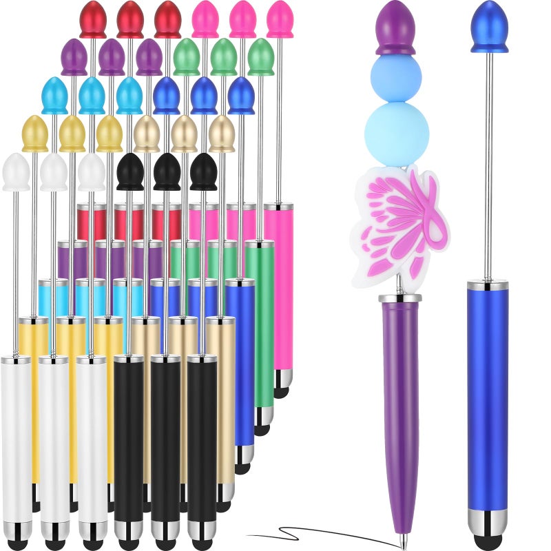 Qilery 30 Pcs Beaded Pens with Stylus Tips Plastic Beaded DIY Stylus 2-in-1 for Rubber Touch Screen Handwriting Ballpoint Pen 1.0mm, Black Ink, Office Supplies(Colorful) - Image 1