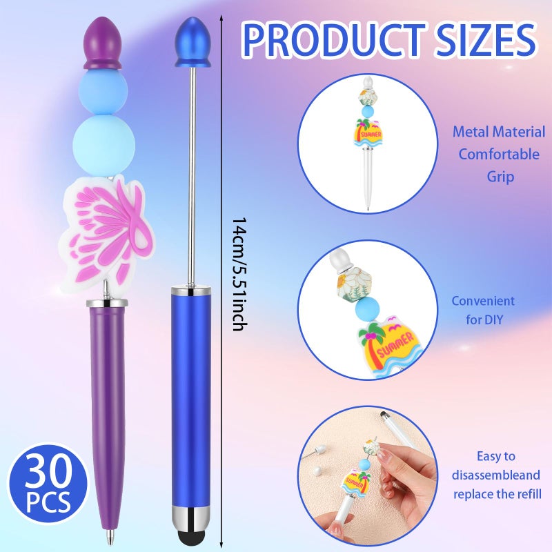 Qilery 30 Pcs Beaded Pens with Stylus Tips Plastic Beaded DIY Stylus 2-in-1 for Rubber Touch Screen Handwriting Ballpoint Pen 1.0mm, Black Ink, Office Supplies(Colorful) - Image 2