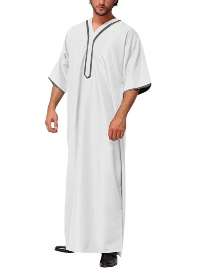 Loquat Men's Muslim Loose Robe Thobe V-Neck Short Sleeve Side Split Kaftan White 