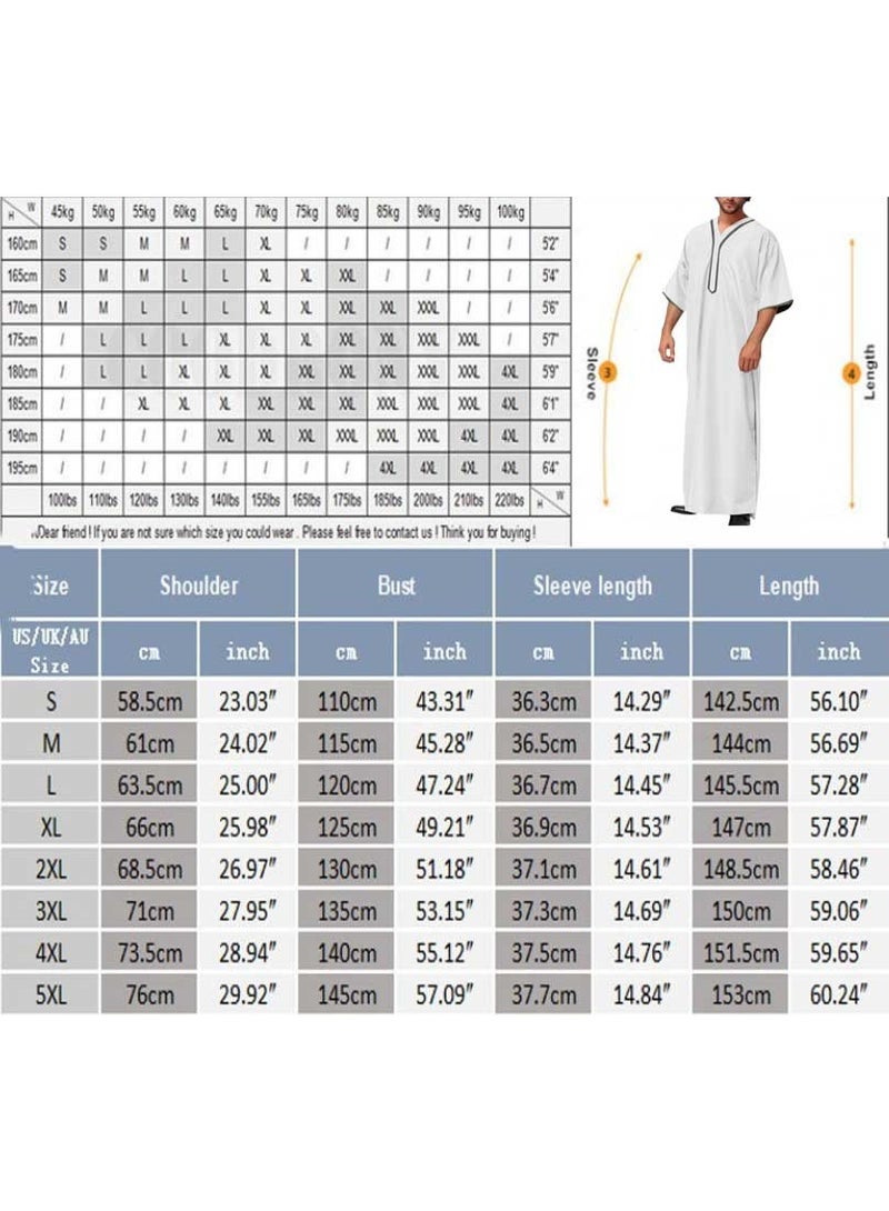إسكدنيا Men's Muslim Loose Robe Thobe V-Neck Short Sleeve Side Split Kaftan White - Image 2
