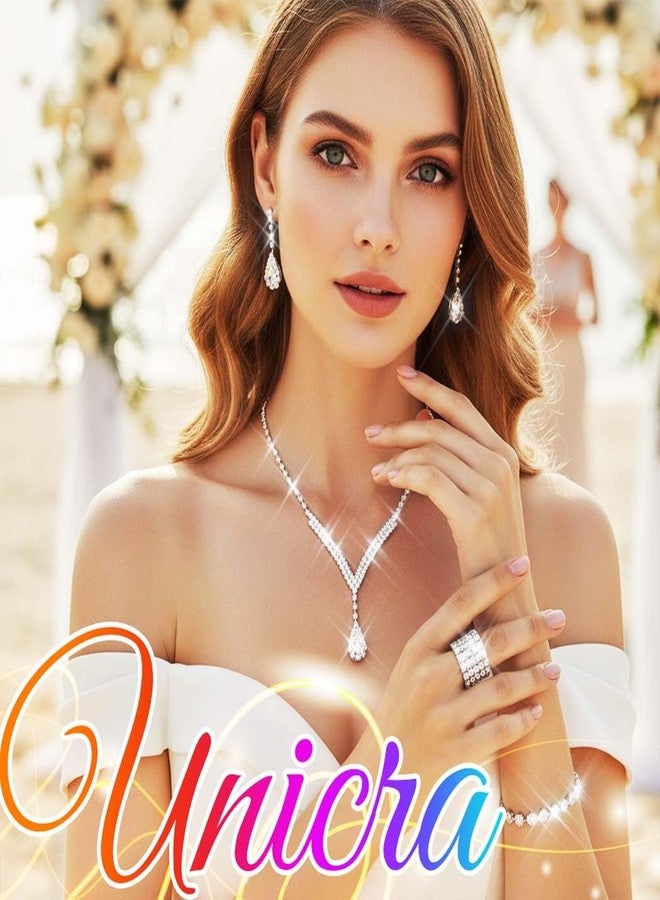 Unicra Bridal Wedding Jewelry Set Silver Rhinestone Necklace Earrings Sets Formal Costume Jewelry for Women and Brides (A-Silver) - Image 4