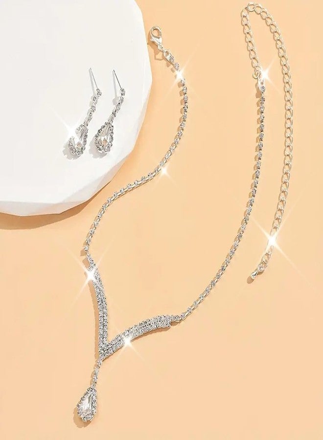 Unicra Bridal Wedding Jewelry Set Silver Rhinestone Necklace Earrings Sets Formal Costume Jewelry for Women and Brides (A-Silver) - Image 5