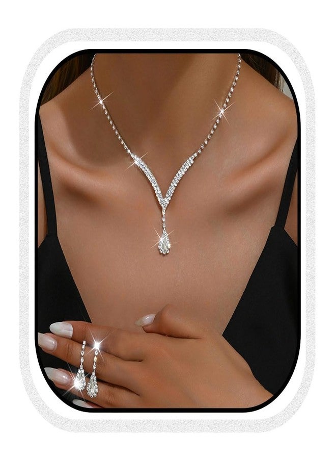 Unicra Bridal Wedding Jewelry Set Silver Rhinestone Necklace Earrings Sets Formal Costume Jewelry for Women and Brides (A-Silver) - Image 1