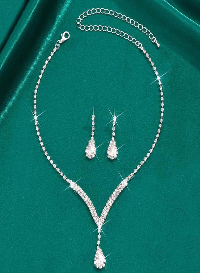 Unicra Bridal Wedding Jewelry Set Silver Rhinestone Necklace Earrings Sets Formal Costume Jewelry for Women and Brides (A-Silver) - Image 2