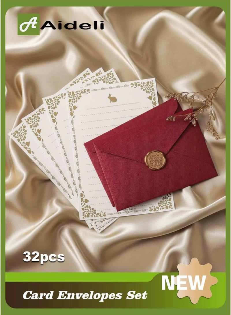 أديلي أظرف بطاقات التهنئة طقم كتابة رسائل 32 قطعة – 6 مظارف و20 ورقة كتابة و6 ملصقات ختم شمع للمراسلات والدعوات وحفلات الزفاف والهدايا فنية وحرفية (النبيذ الاحمر) - Image 1