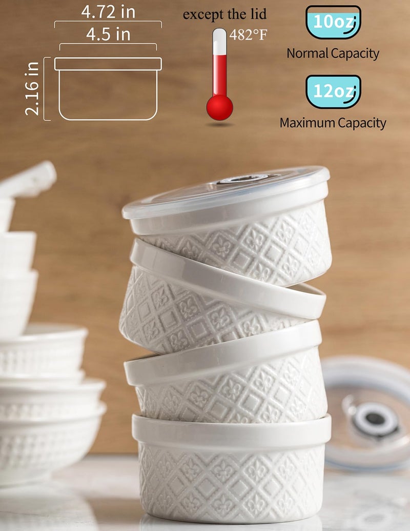 MISSYSSIM 12 oz Ramekin Oven Safe, Creme Brulee Ramekins with Lids, Small White Ceramic Ramekin, Mini Baking Bowls with Cover Set of 4, Ramekins Assorted Sizes - Image 3