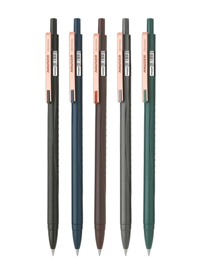 Hauser Germany Enzo Retractable Medium Tip Ball Pen | Minimalistic Ergonomic Body With Copper Color Pocket Clip | Blue Ink, Pack Of 5 - Body Color May Vary - Image 1