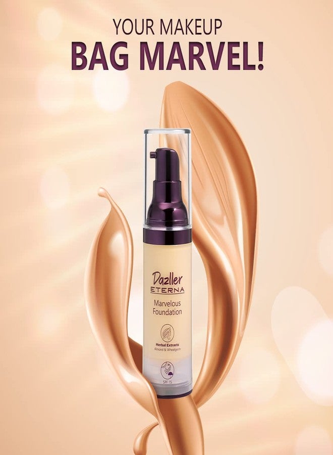 Dazller Eterna Marvelous Foundation, 30mL, Contour MF, Natural Matte finish, SPF 15 protection, Long-lasting up to 8 hours, Water-resistant, Medium-High Coverage, Moisture-locking Oils, Enriched with Nourishing Extracts - Chamomile & Chebula, Vegan, Cruelty-free - Image 4