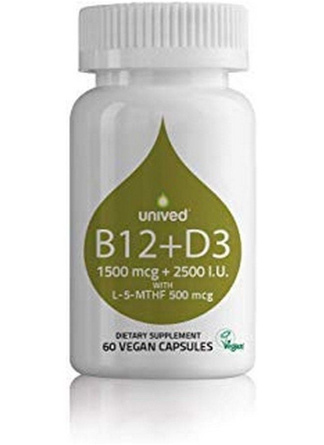 Unived - Vegan B12 + D3 Vitamin B12 (1500Mcg Methylcobalamin) Vitamin D3 (2500Iu Lichen) Vitamin B9 (500Mcg 5Mthf) & Alfalfa Supports Immune Bone & Heart Health Energy & Metabolism 60 Vegan Caps - Image 1