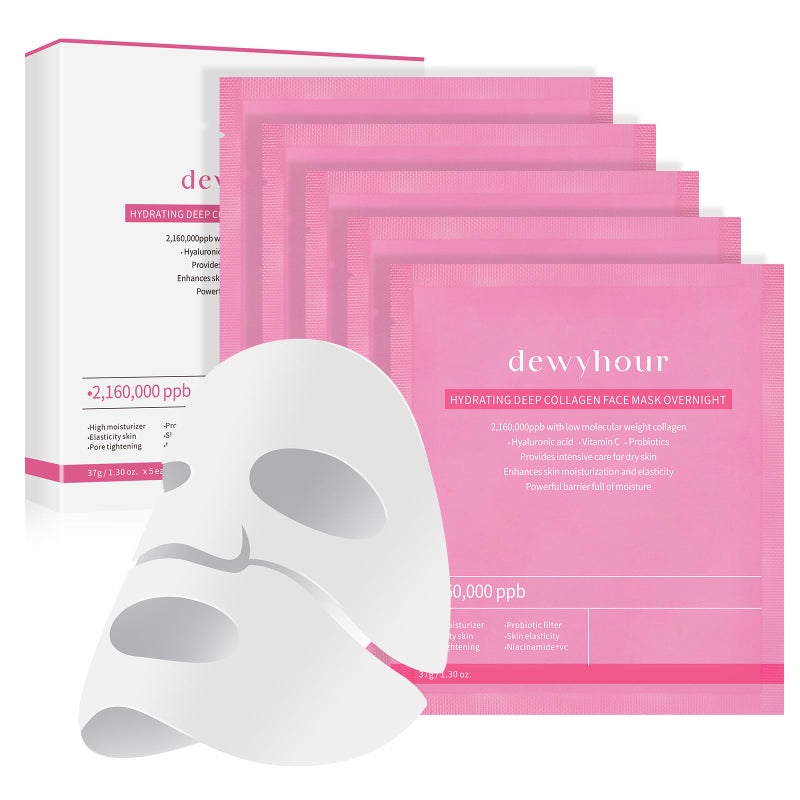 dewyhour Collagen Face Mask Deep Collagen Overnight Mask Anti Aging Lifting Mask Hydrating Face Mask for All Skin Types Pore Minimizing Elasticity Skin 5 Pack