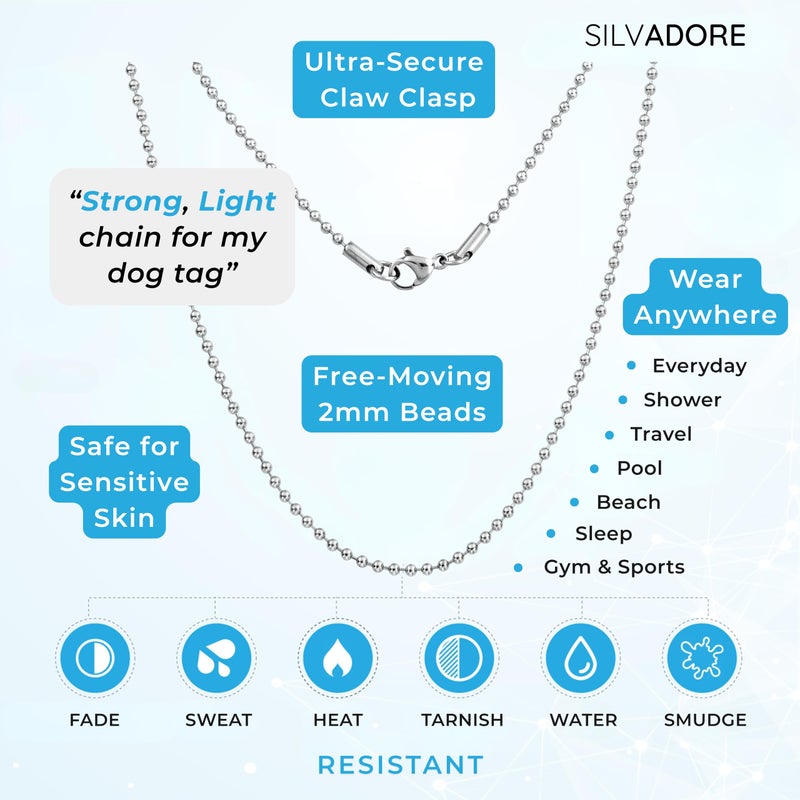 Silvadore Ball Chain Necklace (2mm,22in) Dog Tag Chain for Men Women Stainless Steel Sterling Silver Plated - Short Thin Small Military Army Bead Real Solid Bubble Pendant Non-Tarnish Jewelry Gift - Image 4