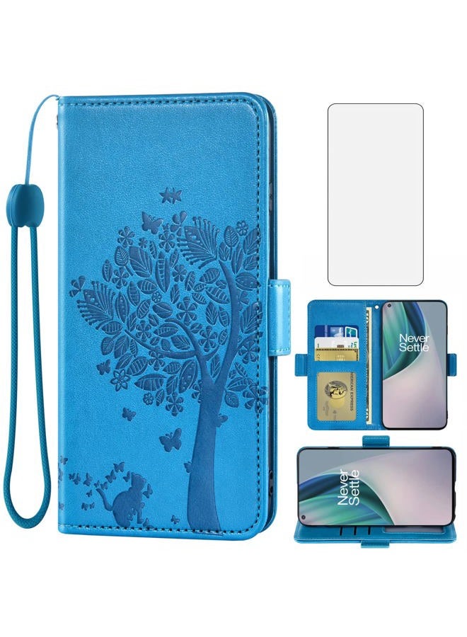 Asuwish Compatible with OnePlus Nord N10 5G Wallet Case and Tempered Glass Screen Protector Flip Wrist Strap Card Holder Cell Phone Cover for One Plus N 10 G5 1 Plus 10N 1plus One+ 1+ N105G Men Blue - Image 1