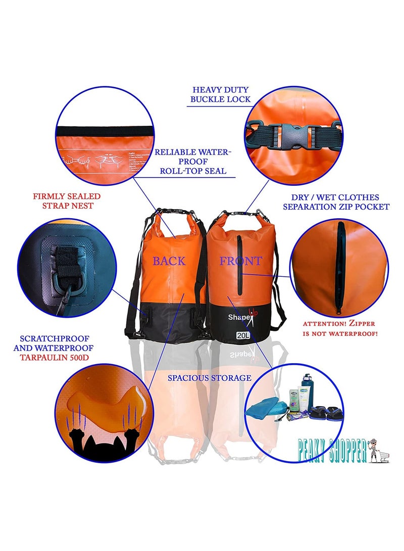 SHAPE UP Waterproof Marine Dry Bag Backpack PVC 500 Tarpaulin 20L & 10L Roll Top Dry Floating Sack Keep Gear Dry for Beach Fishing Kayaking Rafting Boating Swimming Camping Hiking with Towel & Phone Case - Image 5
