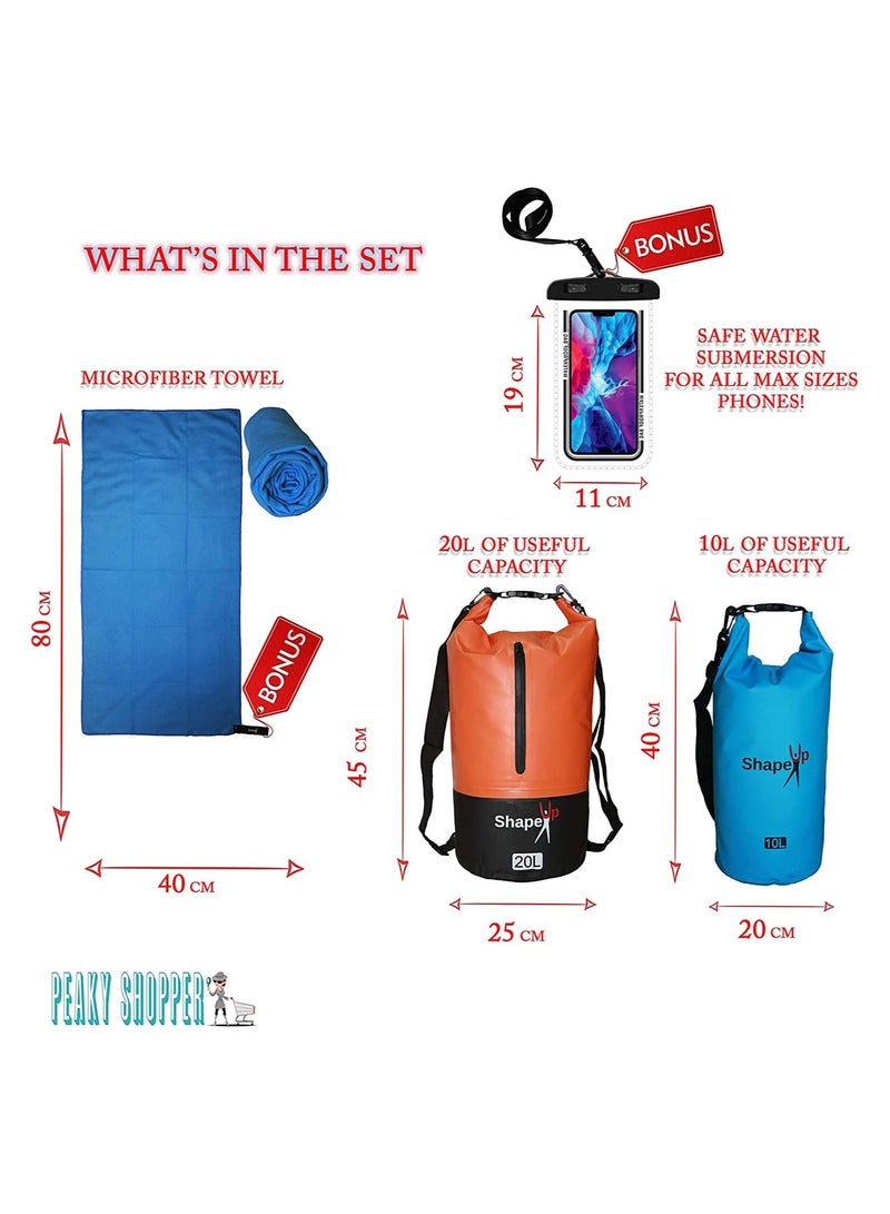 SHAPE UP Waterproof Marine Dry Bag Backpack PVC 500 Tarpaulin 20L & 10L Roll Top Dry Floating Sack Keep Gear Dry for Beach Fishing Kayaking Rafting Boating Swimming Camping Hiking with Towel & Phone Case - Image 3