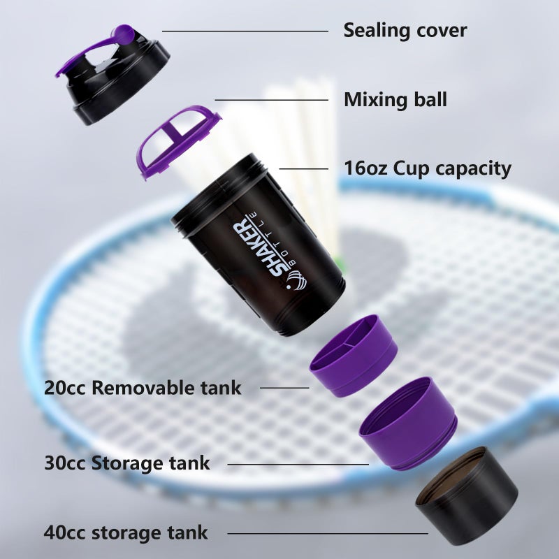 XTK Shaker Bottle Protein Shaker Bottles with Storage and Mix Ball, 16OZ Sports Water Bottle with Pill Organizer,Leak Proof Portable Shaker Bottles for Protein Mixes and Pre Work Out,BPA Free(purple) - Image 2