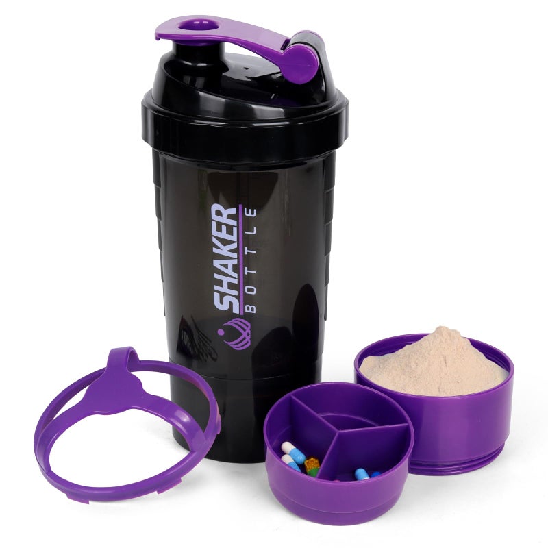 XTK Shaker Bottle Protein Shaker Bottles with Storage and Mix Ball, 16OZ Sports Water Bottle with Pill Organizer,Leak Proof Portable Shaker Bottles for Protein Mixes and Pre Work Out,BPA Free(purple) - Image 1
