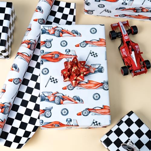 Merture Boys Race Car Wrapping Paper Roll - 17 In X 16.4 Ft(23.3 sqft) - Reversible Gift Wrap Paper with Black & White Checkered Flag Design for Baby Shower, Kids Boys Birthday, Party - Image 5