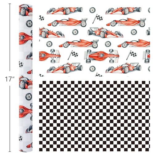 Merture Boys Race Car Wrapping Paper Roll - 17 In X 16.4 Ft(23.3 sqft) - Reversible Gift Wrap Paper with Black & White Checkered Flag Design for Baby Shower, Kids Boys Birthday, Party - Image 3