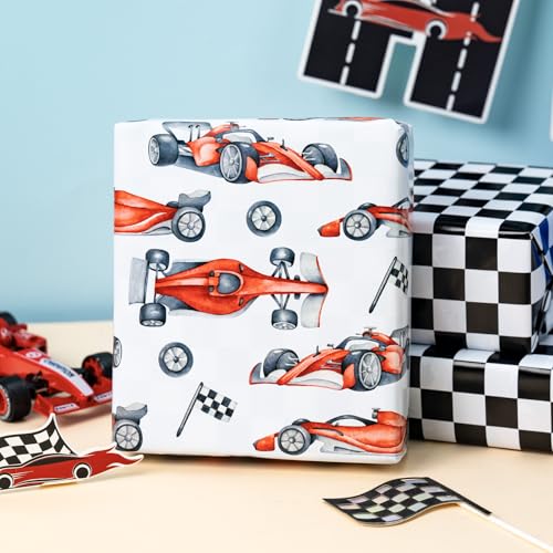 Merture Boys Race Car Wrapping Paper Roll - 17 In X 16.4 Ft(23.3 sqft) - Reversible Gift Wrap Paper with Black & White Checkered Flag Design for Baby Shower, Kids Boys Birthday, Party - Image 4